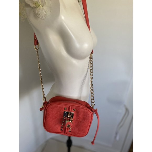 Vtg Crossbody Bag Orange Purse Partial Chain Strap Small Locket Studs Accents - Picture 15 of 16
